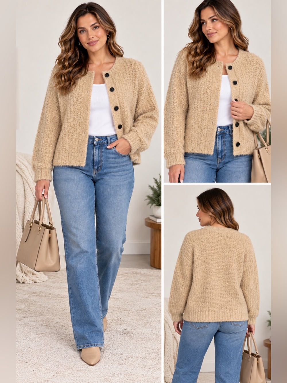 Cozy Cream Textured Button-Front Women's Sweater
